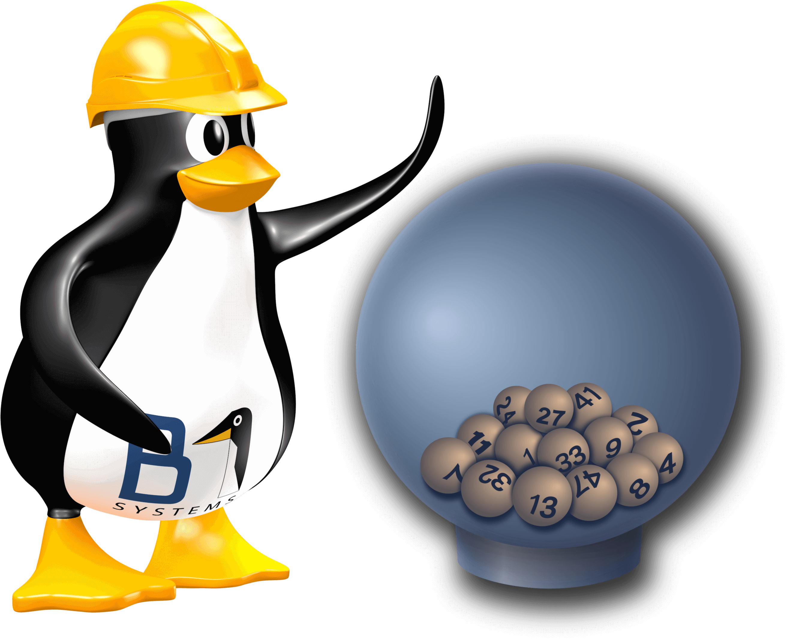 Tux-Pinguin mit B1-Logo, der auf eine Lostrommel mit Kugeln zeigt