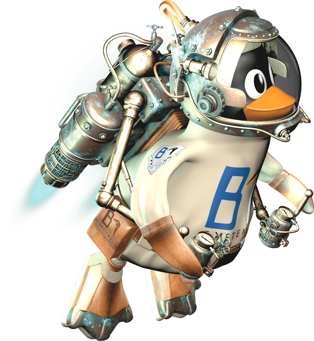 B1-Tux im Steampunk-Stil im Astronautenanzug und mit Jetpack auf dem Rücken