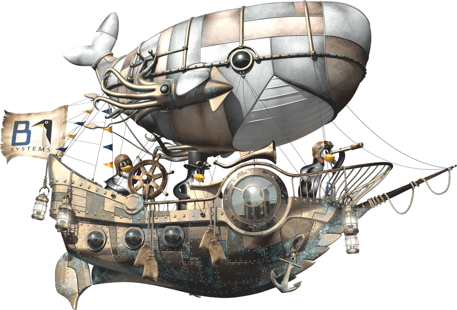Zeppelin im Steampunk-Stil und mit der Form eines Wals, darunter ein Schiff mit drei Tuxen, die dieses steuern